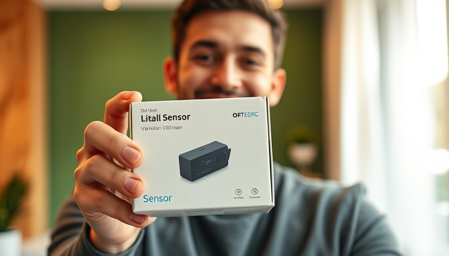 Vibration sensor automation box displayed by smiling man in modern room.