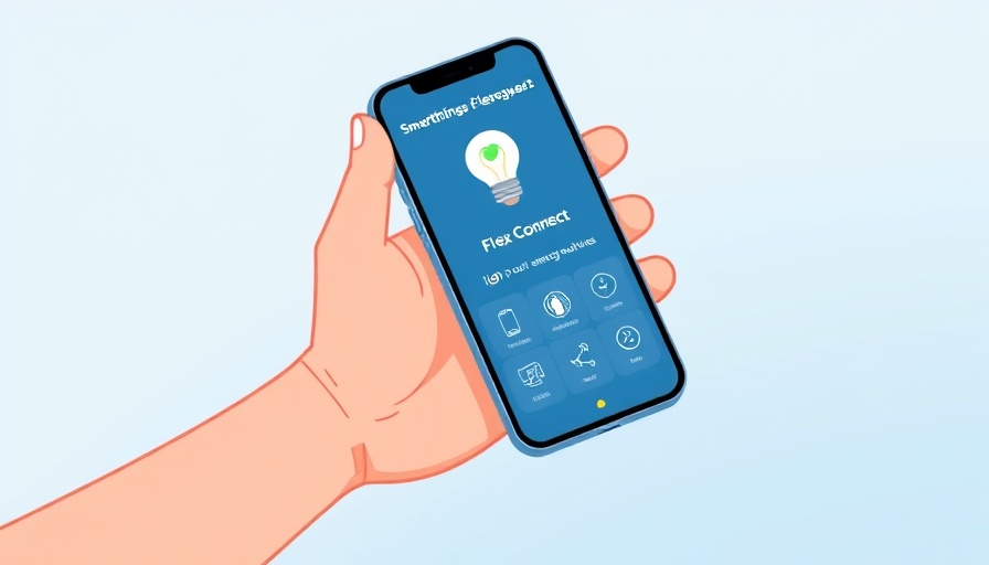 SmartThings Flex Connect display with energy-saving icons and smartphone.