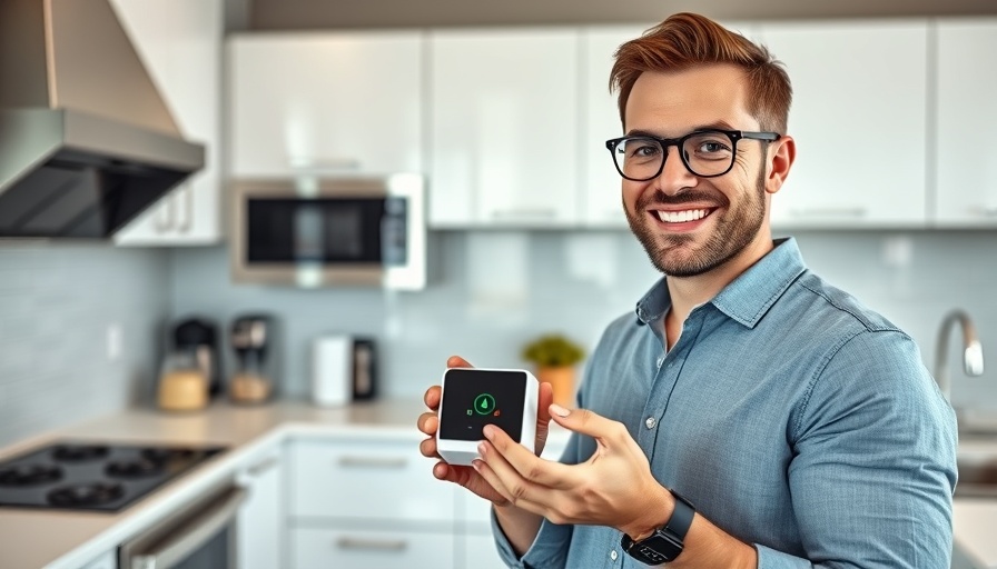 Smiling man holds smart home device in modern kitchen.