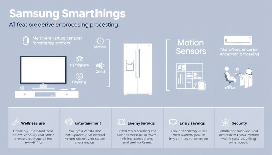 Samsung SmartThings AI features infographic with smart devices and ambient sensing model.