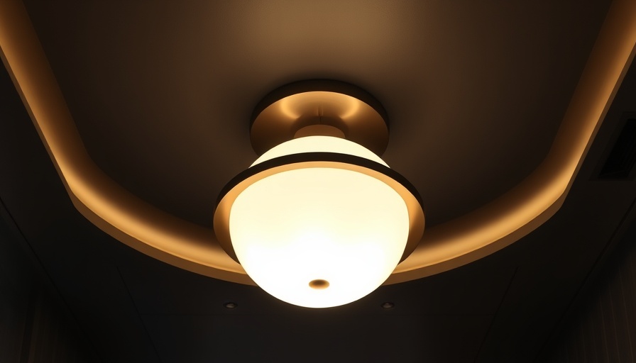 Modern light fixture on dark ceiling, gold accents.