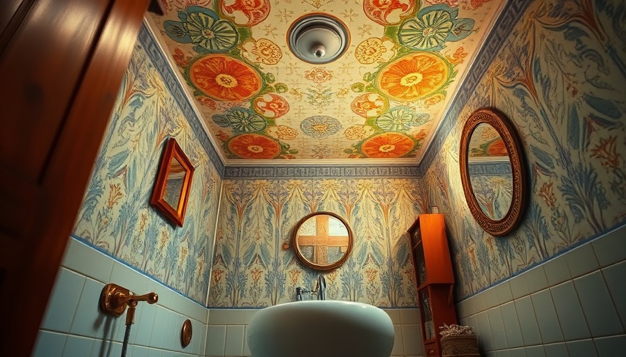 Cozy bathroom featuring vibrant ceiling wallpaper and wooden decor.