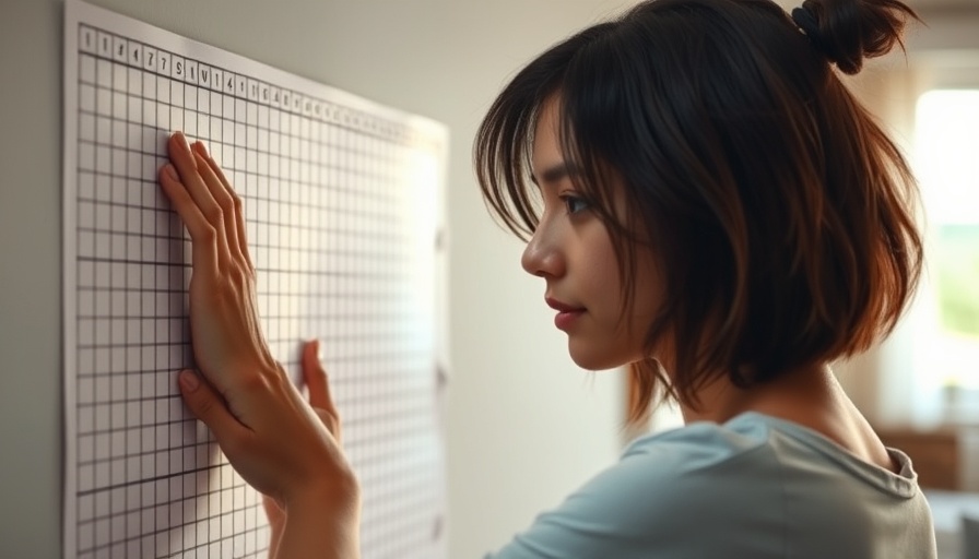 Young woman using grid paper as guide to hanging a gallery wall