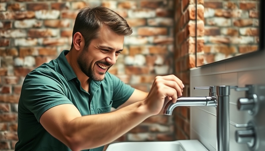 Man changing bathroom faucet DIY with brick wall background.