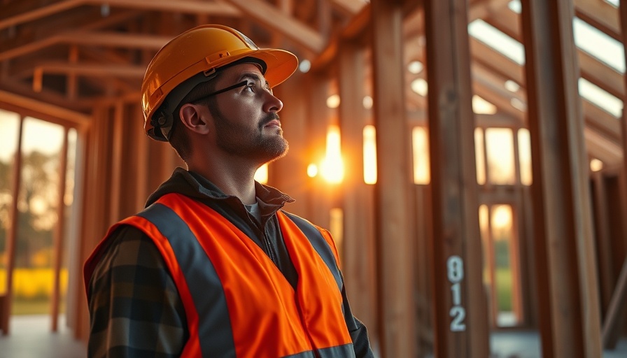 Construction worker assessing home improvements during sunset.