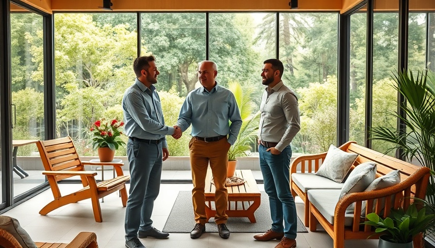 Three men in a showroom displaying handcrafted garden furniture.