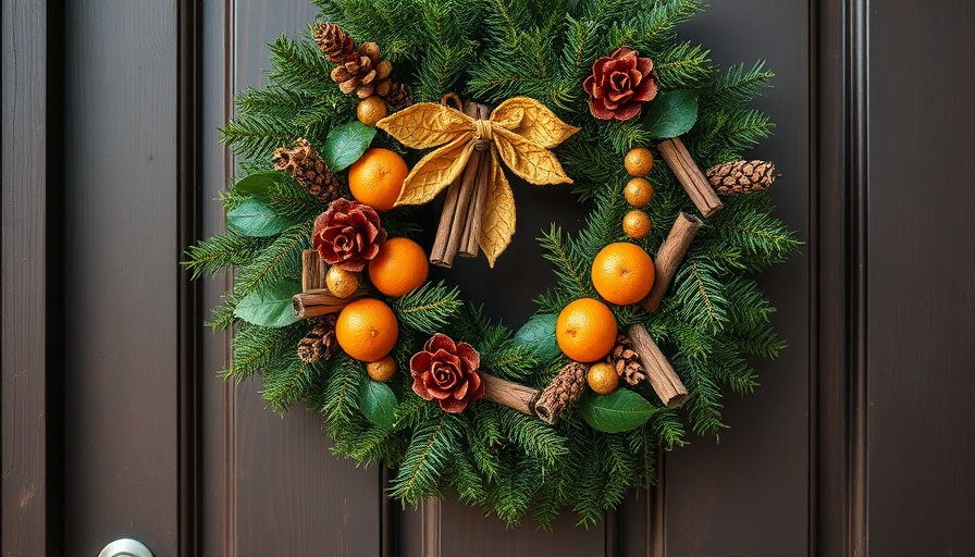 Decorative Christmas wreath on wooden door, 2024 showroom.