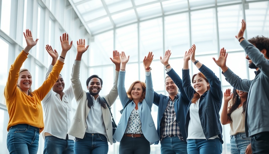 Group celebrating World Adoption Day, raising hands indoors.