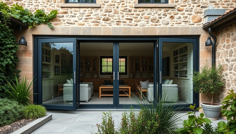 Bi-fold doors installation on stone house with garden.
