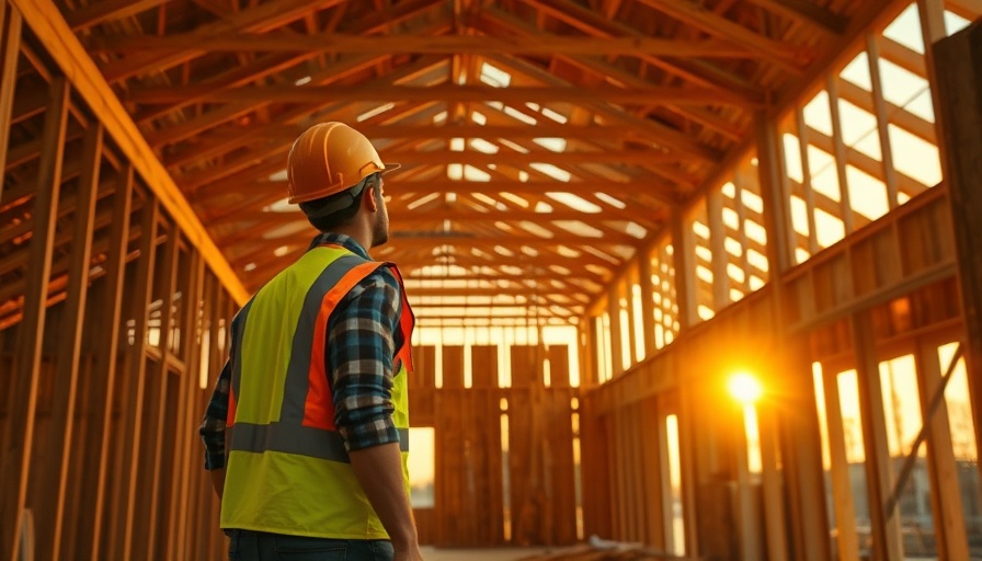 Construction worker in a framed building at sunset