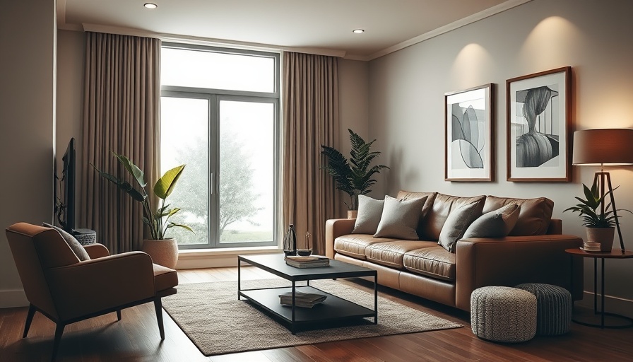Modern living room with smart lighting and leather sofa during an overcast day.