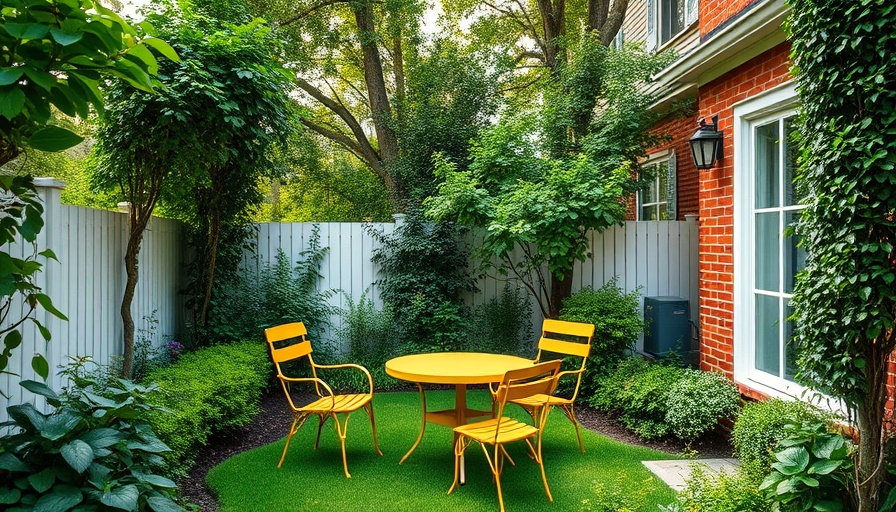 Lush garden with seating area against a fence and greenery.
