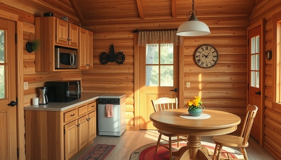 Rustic cabin kitchen before makeover with wooden cabinets.