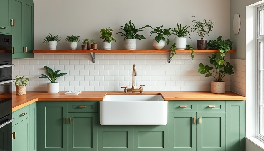 Modern kitchen with green cabinets and wooden countertop, DIY kitchen cart makeover inspiration.