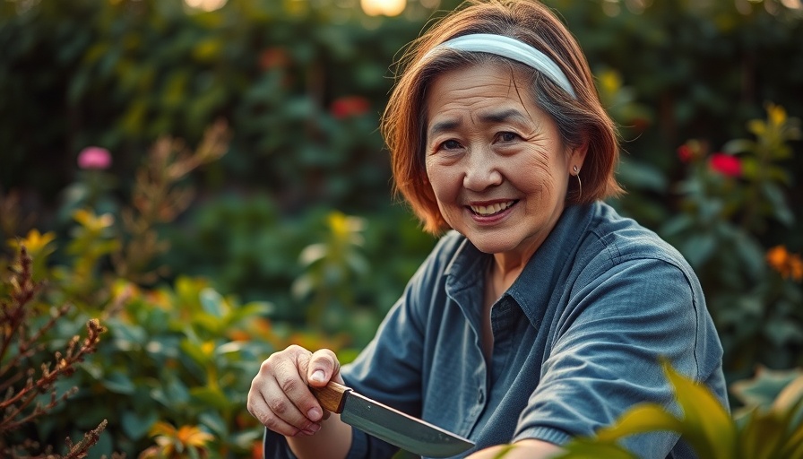 Woman gardening with Nisaku Hori Hori knife in lush garden.