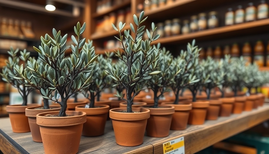 Trader Joe's offering mini olive trees on wooden shelves.