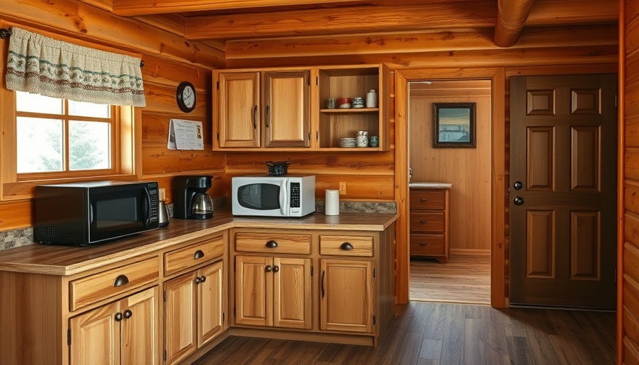 Rustic cabin kitchen before makeover with wooden cabinets.