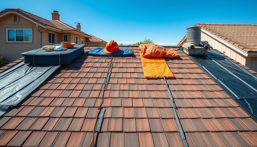Residential roof with shingles and tools for skylight and roofing installation.