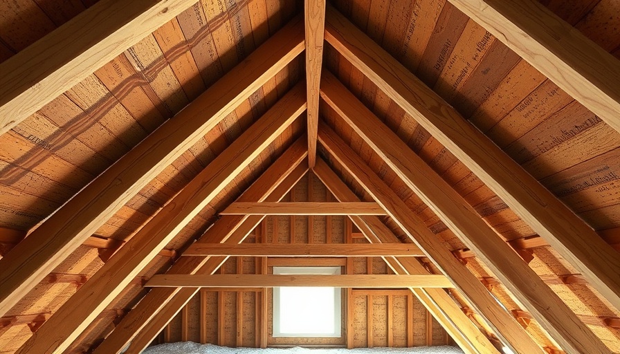 Attic roof structure with visible wooden beams and insulation, emphasizing the importance of roof structure repair.