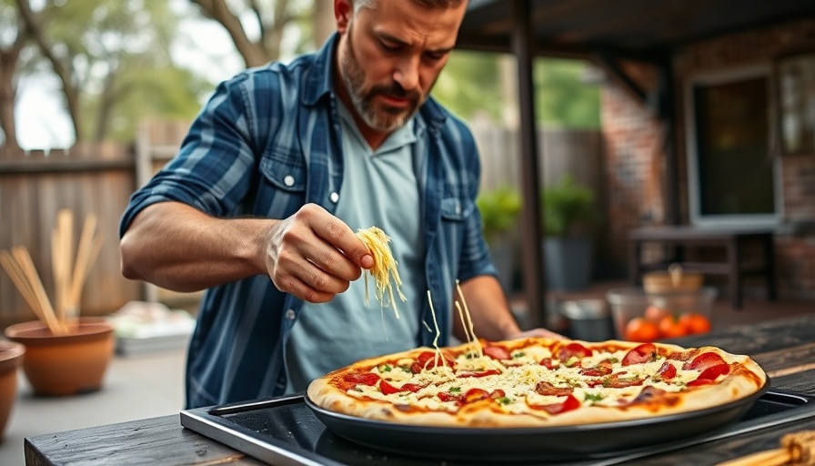 Man preparing Detroit-Style pizza with techniques outdoors.