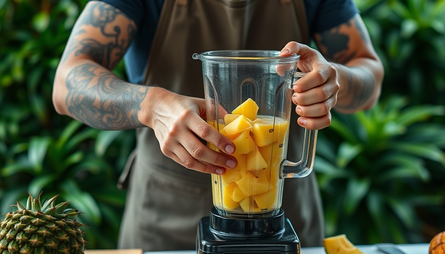 Tattooed person blending pineapple vinaigrette outdoors