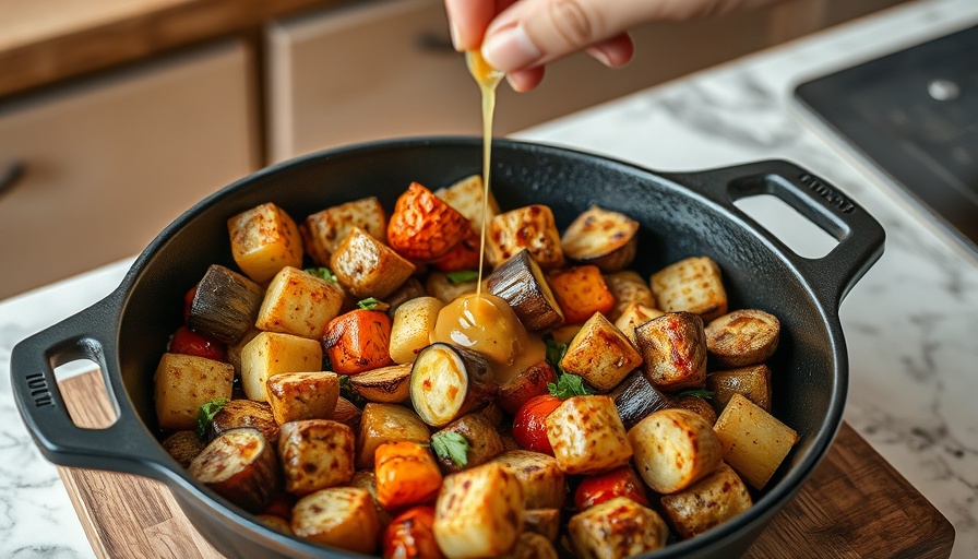 Multi-fuel oven roasted veggies in a pan with sauce.
