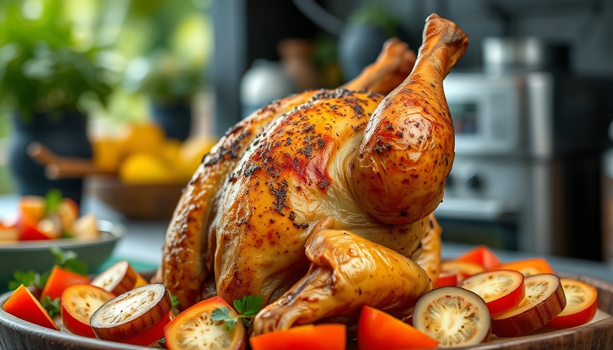 Pineapple Beer Can Chicken with vegetables on white plate outdoors.