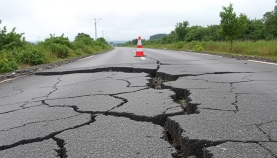 Severely cracked road showing earthquake impact with caution cone