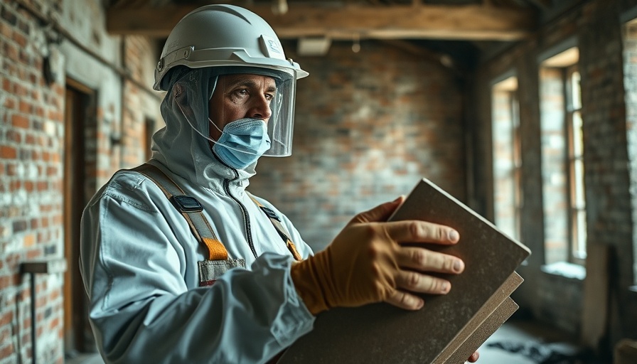 Protective-suited worker handling asbestos sheets in an old building.