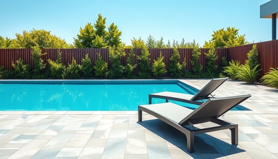 Modern pool with slat fencing and lounge chairs, under bright sky.