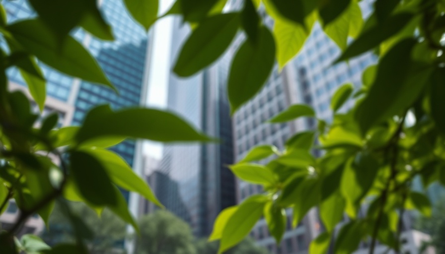 Modern skyscrapers framed by green leaves, highlighting next-level building materials.