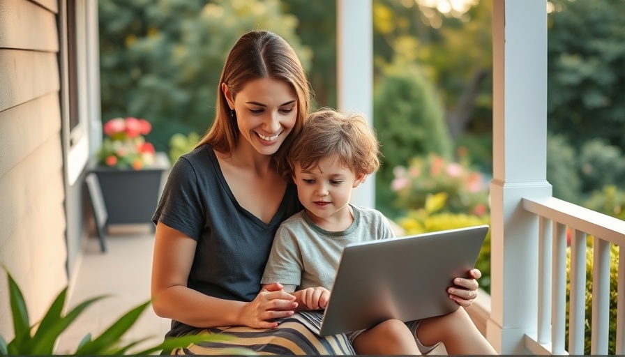 Serene mother and child on porch, working remotely with secure access.