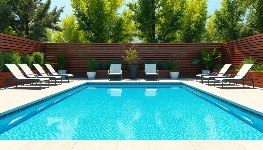 Modern pool with elegant fencing and lounge chairs.