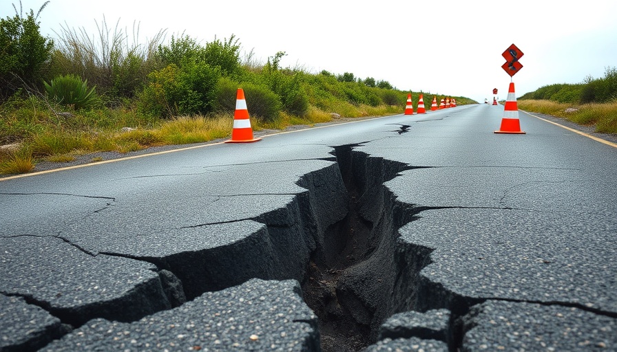 Earthquake damaged road with caution cones and shrubbery.