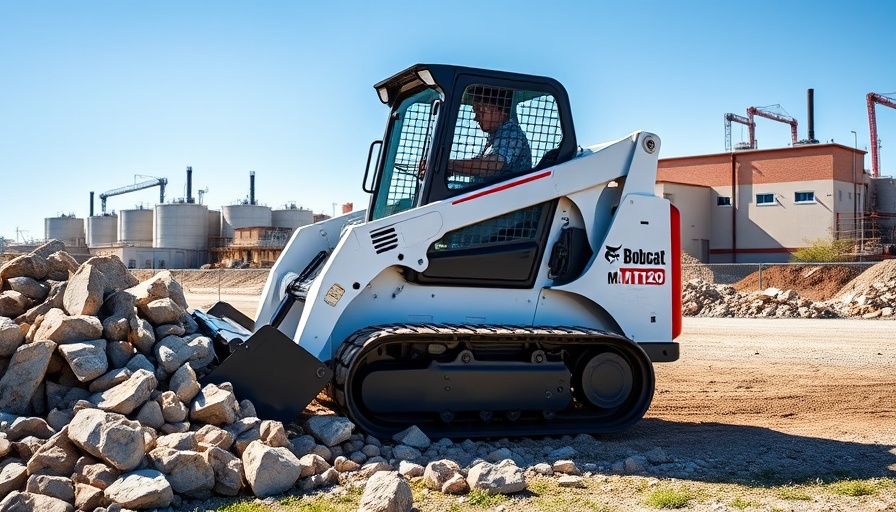 Bobcat MT120 mini track loader moving rocks at a construction site.