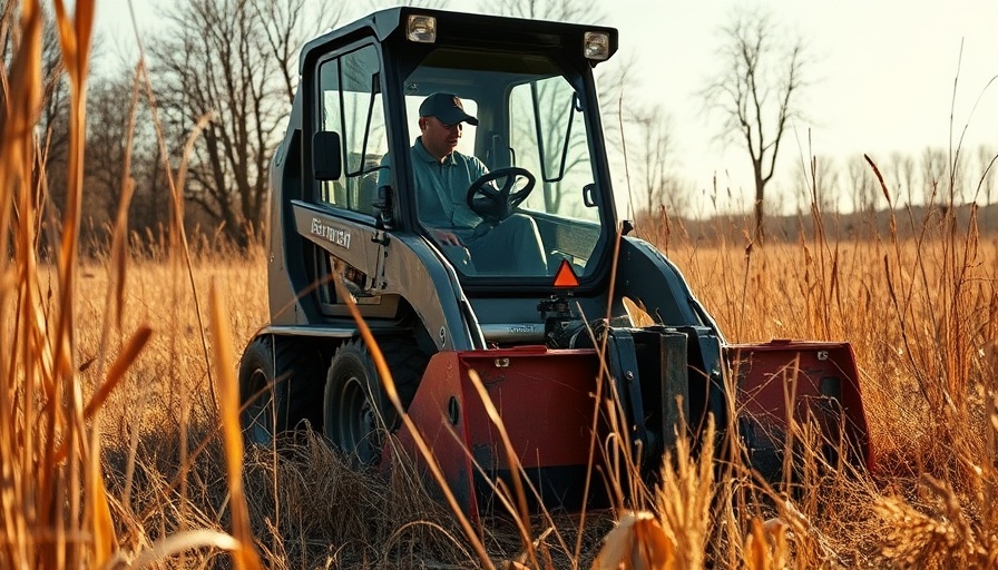Mini brush cutter for compact utility loaders in action in a field