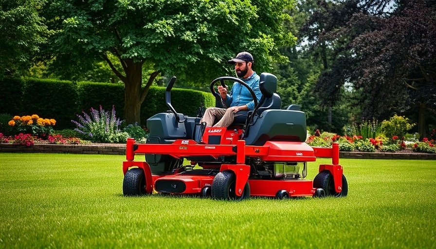 Lazer Z E-Series zero-turn mower on a green lawn in garden.