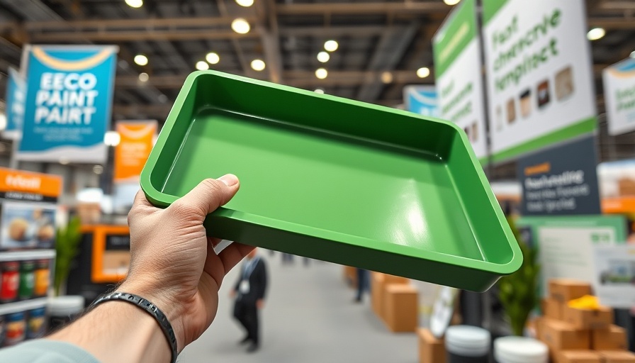 Eco-friendly silicone reusable paint tray held by exhibitor at expo.