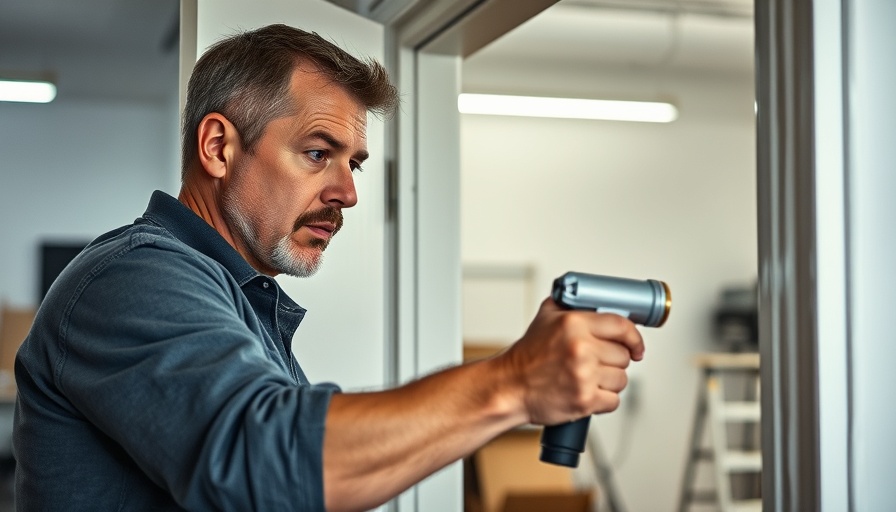 Man demonstrating how to spray a doorjamb in a well-lit room.