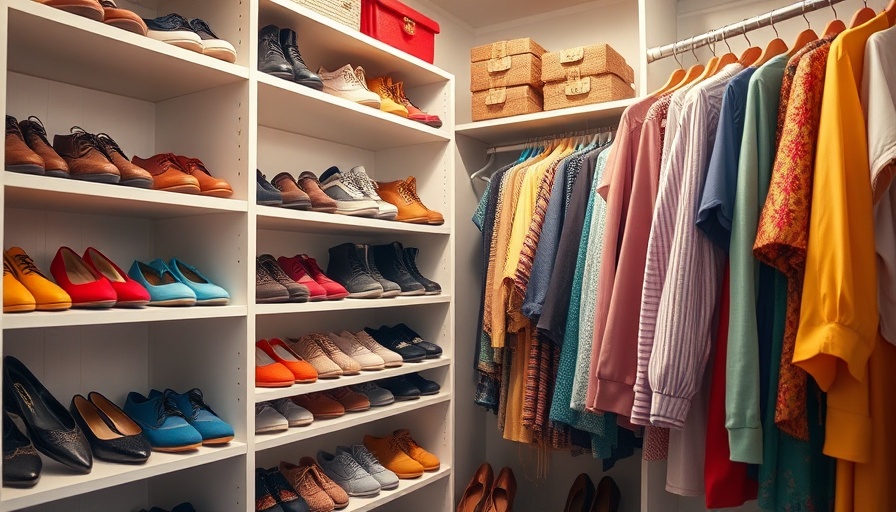 Small-space shoe storage in a colorful closet with organized clothes.
