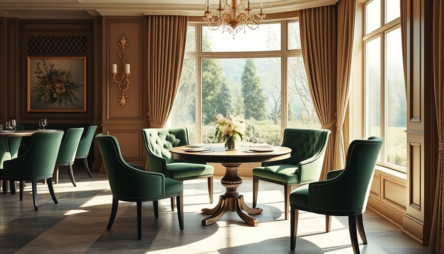 Elegant dining room with green velvet chairs by large windows.