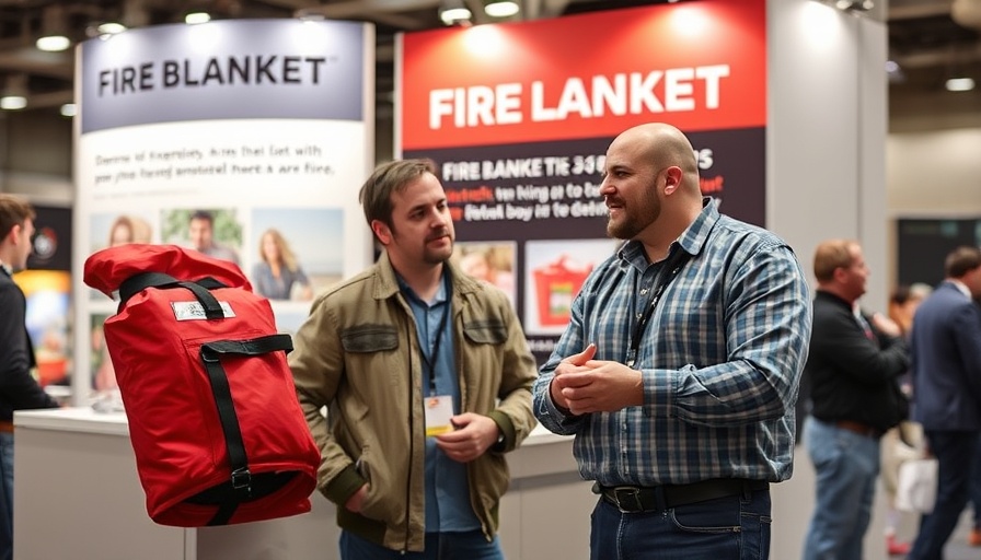 Men at a fire blanket exhibit booth discussing home services