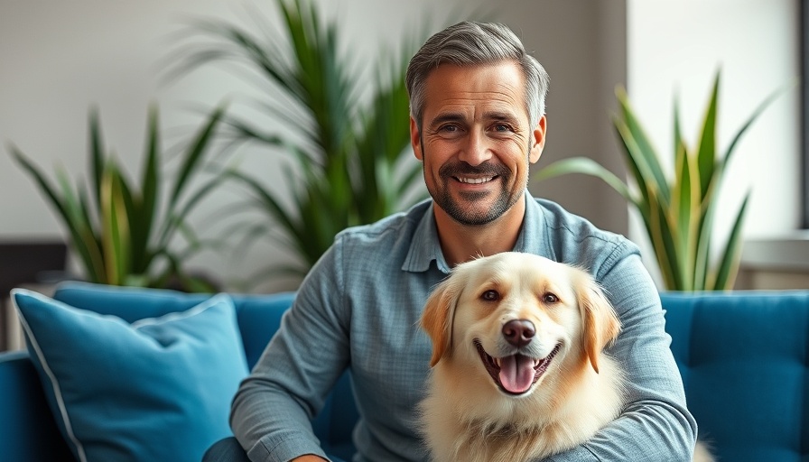 Man and dog on blue couch in modern office, Louisville Tourism Impact Award.