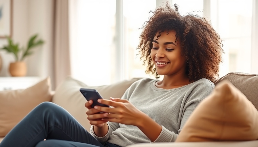Smiling woman using smartphone on sofa, best way to create phone wallpapers.