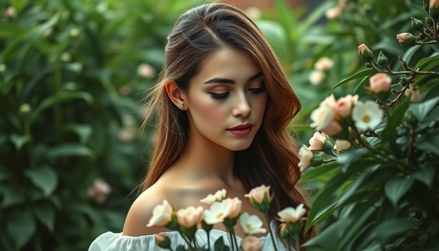 Young woman in a garden admiring flowers.