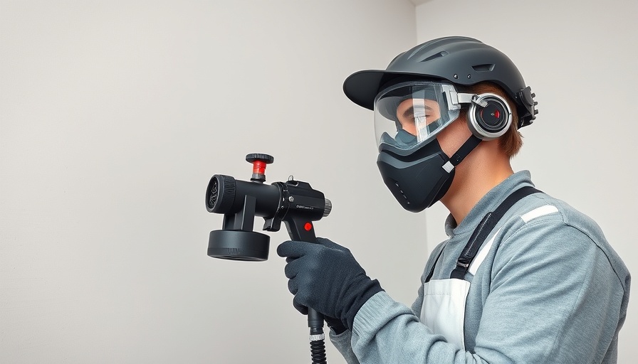 Painter using airless spraying techniques for large building interiors