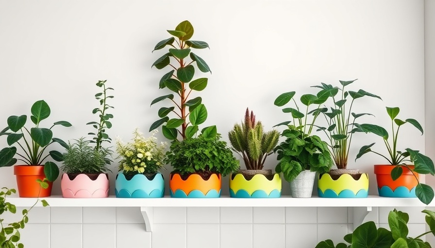 Vibrant kitchen shelf with plants in scalloped planters.