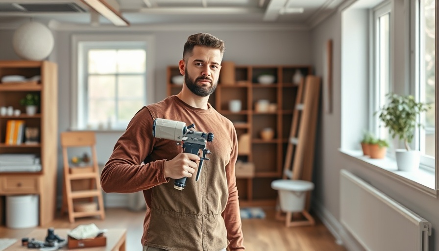 Painter with spray gun preparing to paint baseboards in a room.