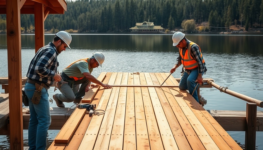 Workers building a dock on a lake with tools and materials.