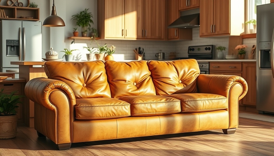 Worn tan leather sofa in modern kitchen, leather sofa restoration potential.